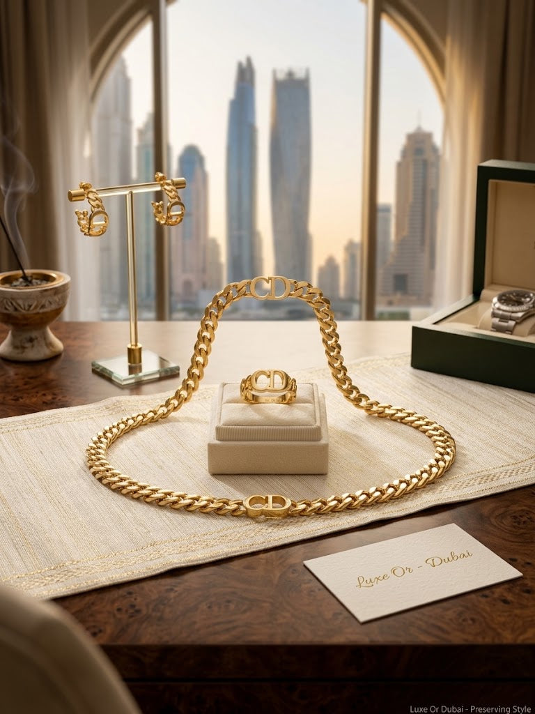 Designer-Inspired CD Cuban Chain Set in 18K Gold Plating – Complete 4-Piece Set